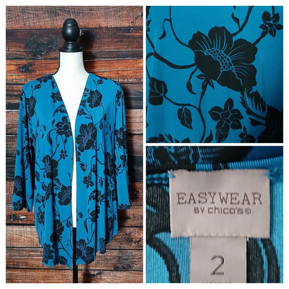 Chicos Easywear Cardigan Top Size 2 US L Open Front Blue Floral 3/4 Sleeve